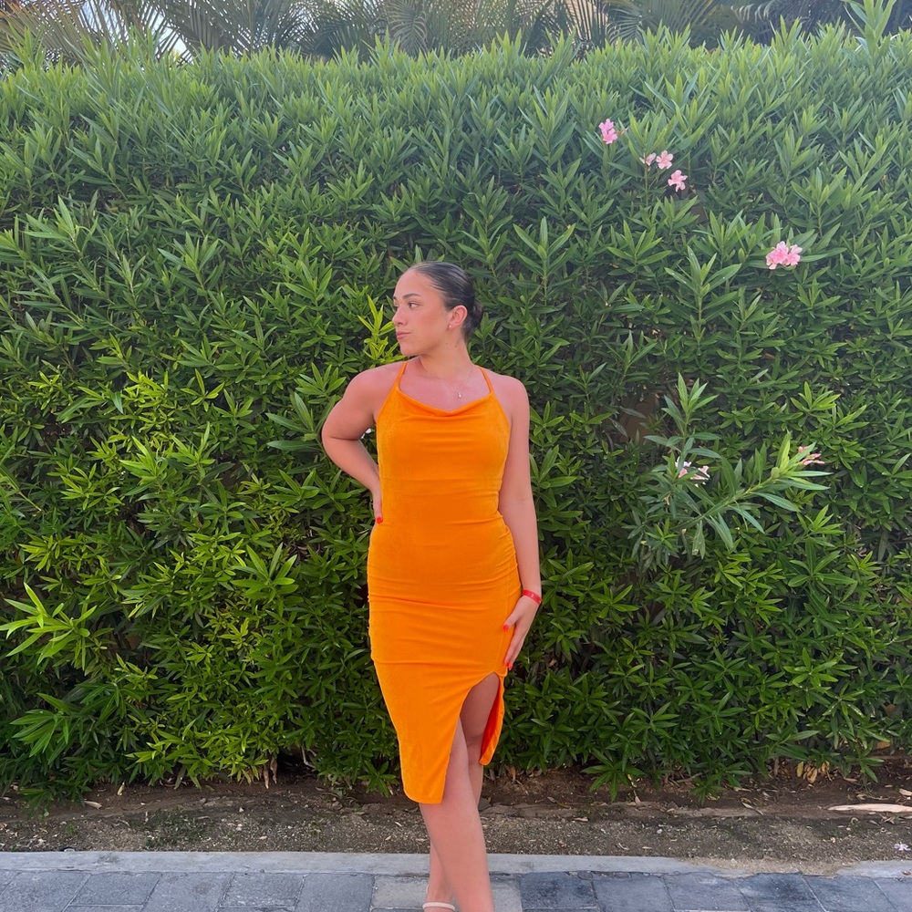Vibrant Orange Asymmetrical Bodycon Midi Dress